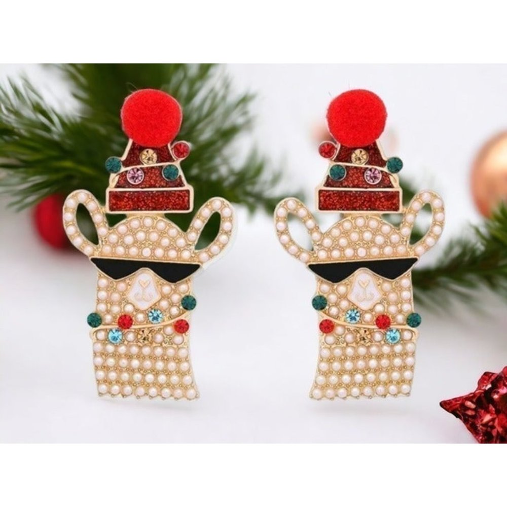 Llama Christmas Earrings Santa Hat - Festive Holiday Jewelry for Party/Holiday